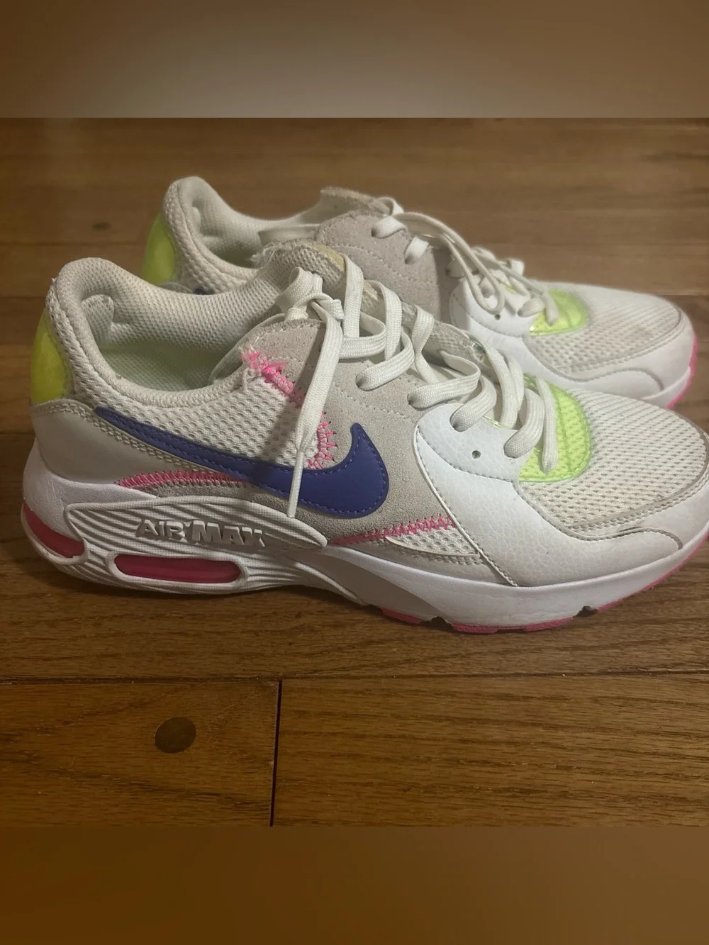 Nike White Sneakers with Purple Swoosh and Neon Pink & Yellow Accents